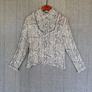 Vintage Y2K INC Silk Black White Lace Print Victorian Collar‎ Long Sleeve Blouse